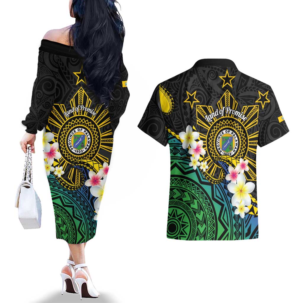 Lalawigan ng Palawan Couples Matching Off The Shoulder Long Sleeve Dress and Hawaiian Shirt Philippines Province Land of Promise LT14 - Polynesian Pride