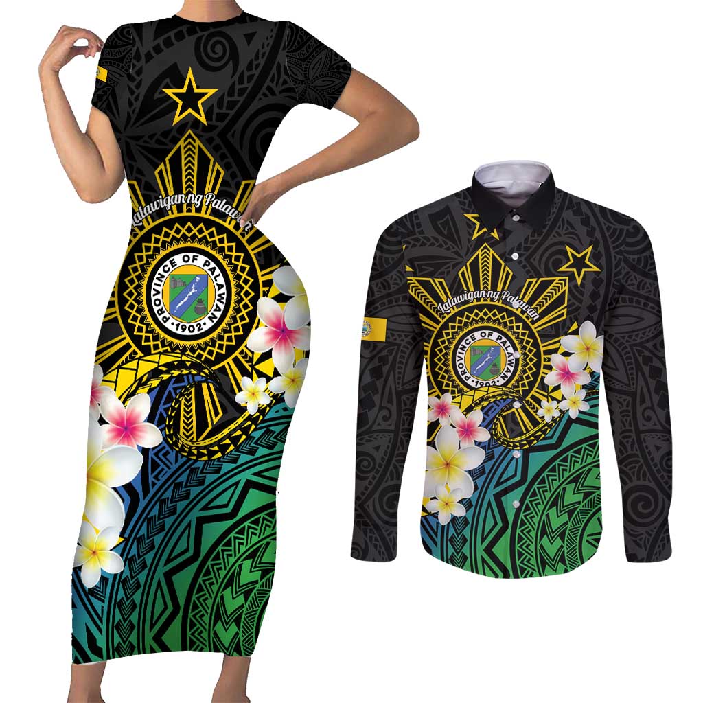 Lalawigan ng Palawan Couples Matching Short Sleeve Bodycon Dress and Long Sleeve Button Shirt Philippines Province Land of Promise LT14 Black - Polynesian Pride