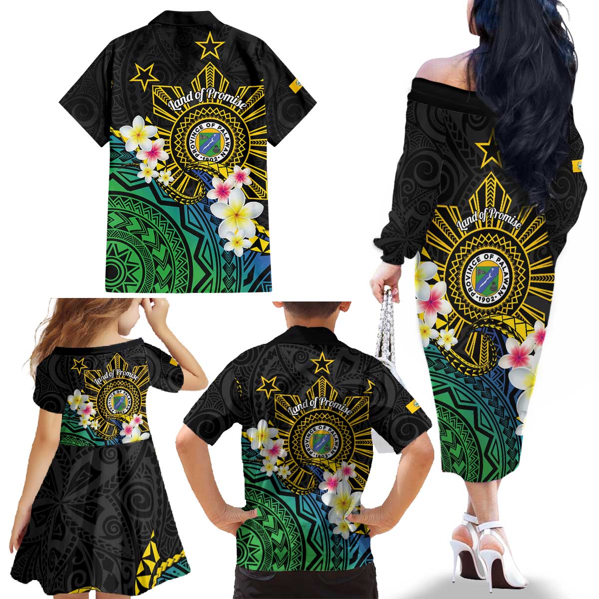 Lalawigan ng Palawan Family Matching Off The Shoulder Long Sleeve Dress and Hawaiian Shirt Philippines Province Land of Promise LT14 - Polynesian Pride