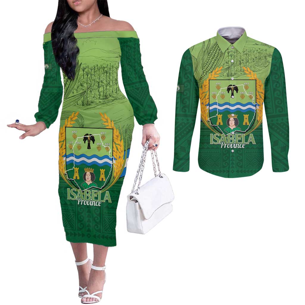 Isabela Philippines Couples Matching Off The Shoulder Long Sleeve Dress and Long Sleeve Button Shirt Queen Province Of The North LT14 Green - Polynesian Pride