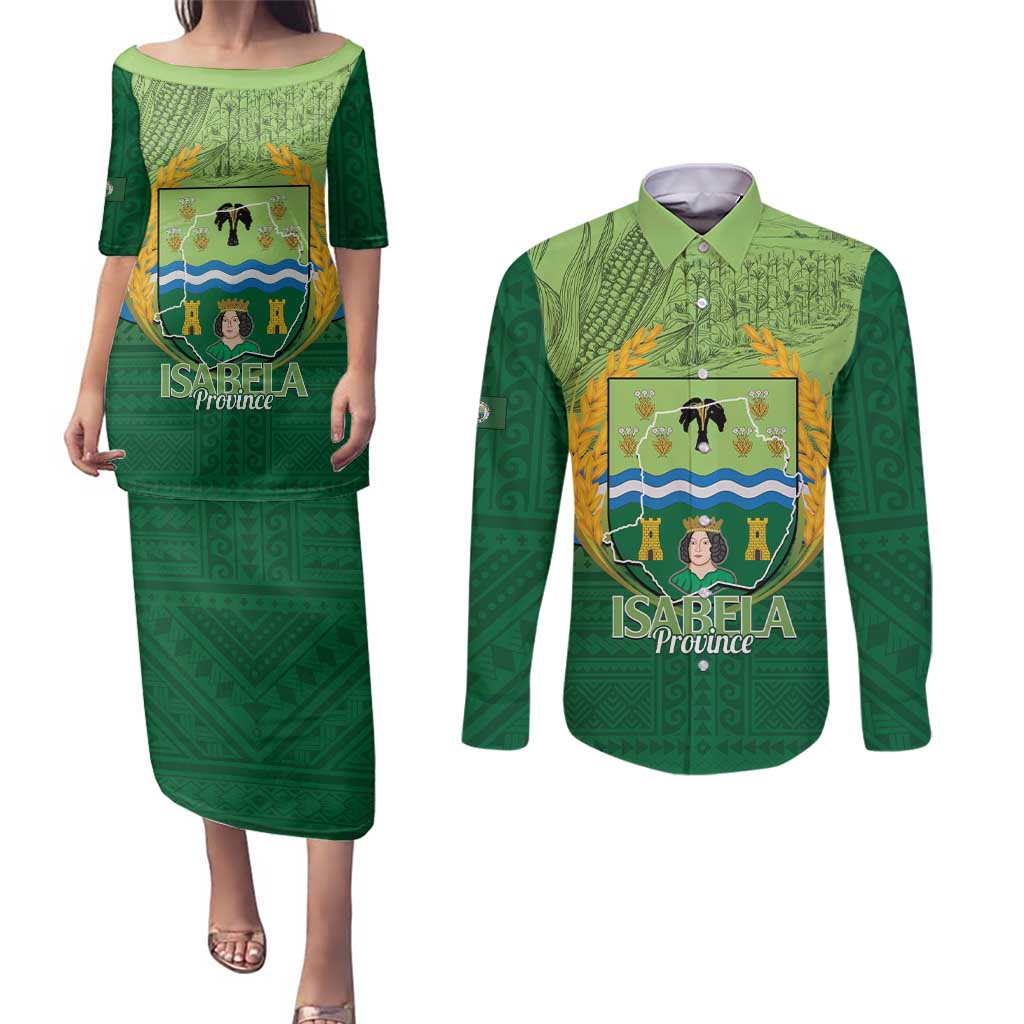 Isabela Philippines Couples Matching Puletasi and Long Sleeve Button Shirt Queen Province Of The North LT14 Green - Polynesian Pride