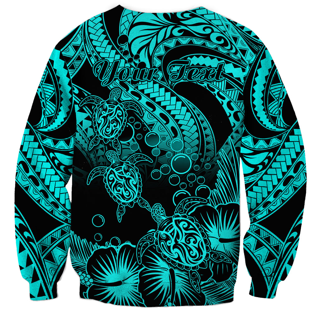 Personalised Polynesian Sweatshirt Tribal Honu Turtle with Hibiscus Turquoise Version LT14 - Polynesian Pride