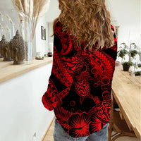 Personalised Polynesian Women Casual Shirt Tribal Honu Turtle with Hibiscus Red Version LT14 - Polynesian Pride