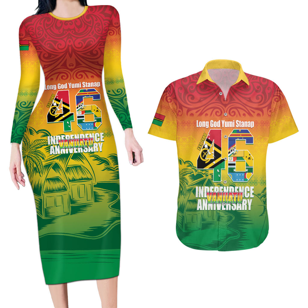 Vanuatu Indipendens Dei Couples Matching Long Sleeve Bodycon Dress and Hawaiian Shirt Yumi 46th Independence Anniversary