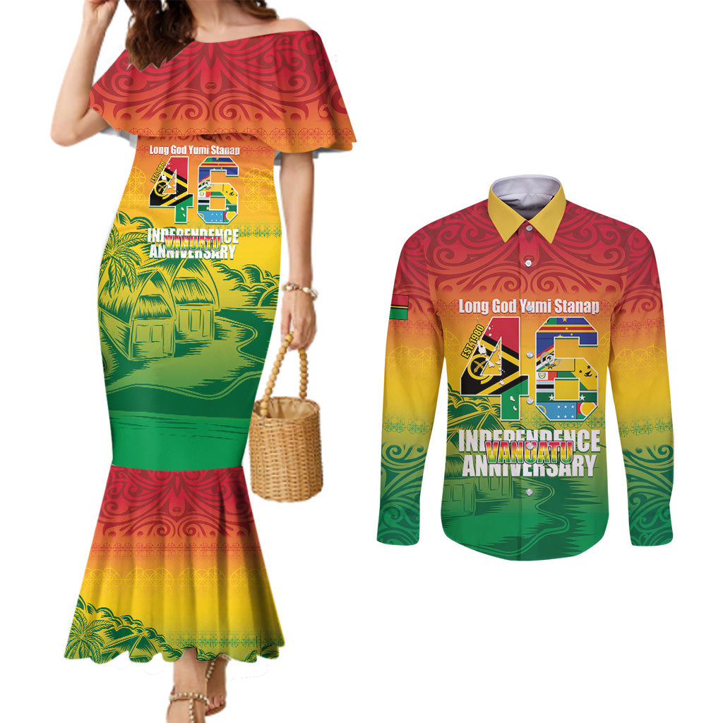 Vanuatu Indipendens Dei Couples Matching Mermaid Dress and Long Sleeve Button Shirt Yumi 46th Independence Anniversary