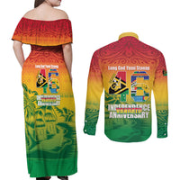 Vanuatu Indipendens Dei Couples Matching Off Shoulder Maxi Dress and Long Sleeve Button Shirt Yumi 46th Independence Anniversary