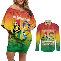Vanuatu Indipendens Dei Couples Matching Off Shoulder Short Dress and Long Sleeve Button Shirt Yumi 46th Independence Anniversary