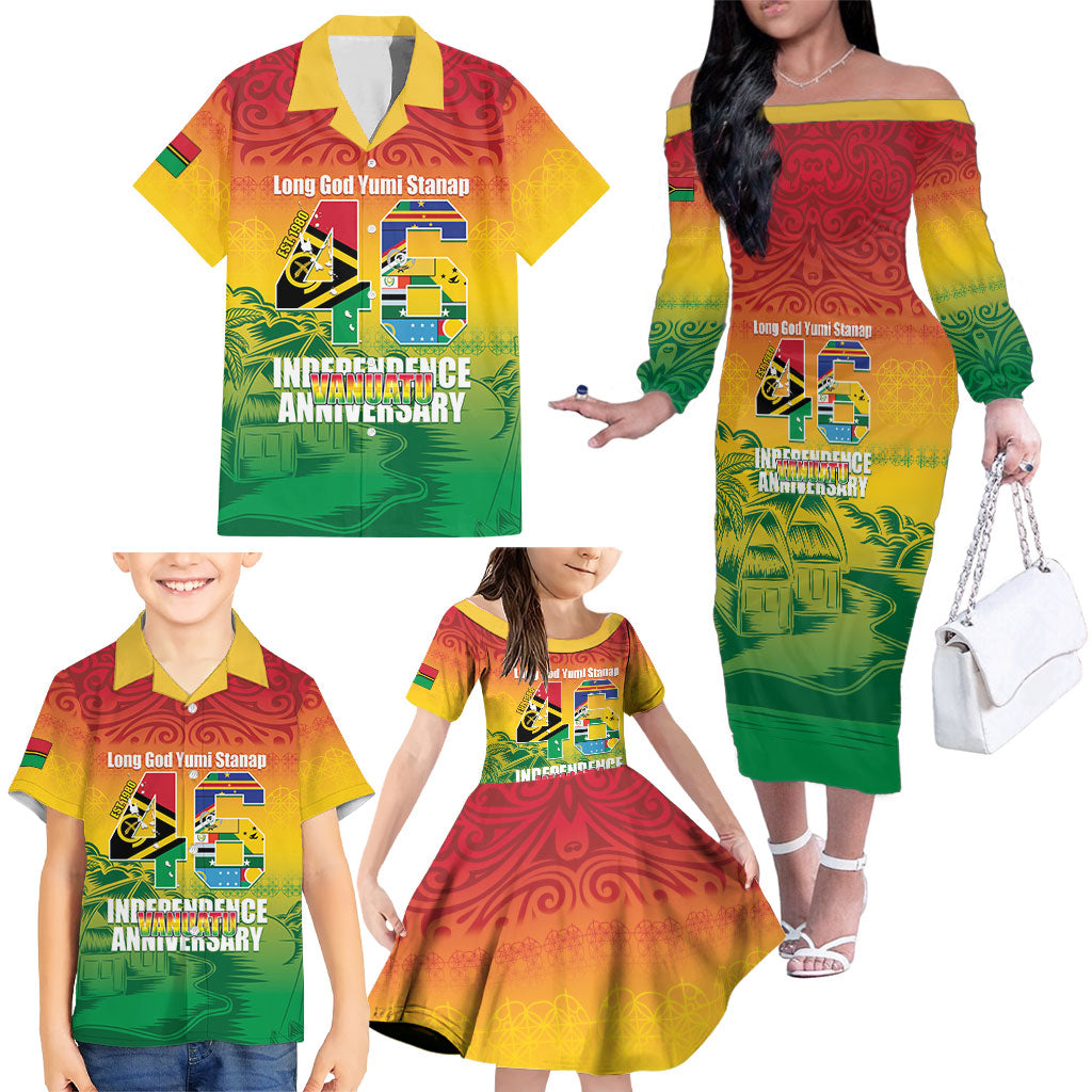 Vanuatu Indipendens Dei Family Matching Off The Shoulder Long Sleeve Dress and Hawaiian Shirt Yumi 46th Independence Anniversary LT14 - Polynesian Pride