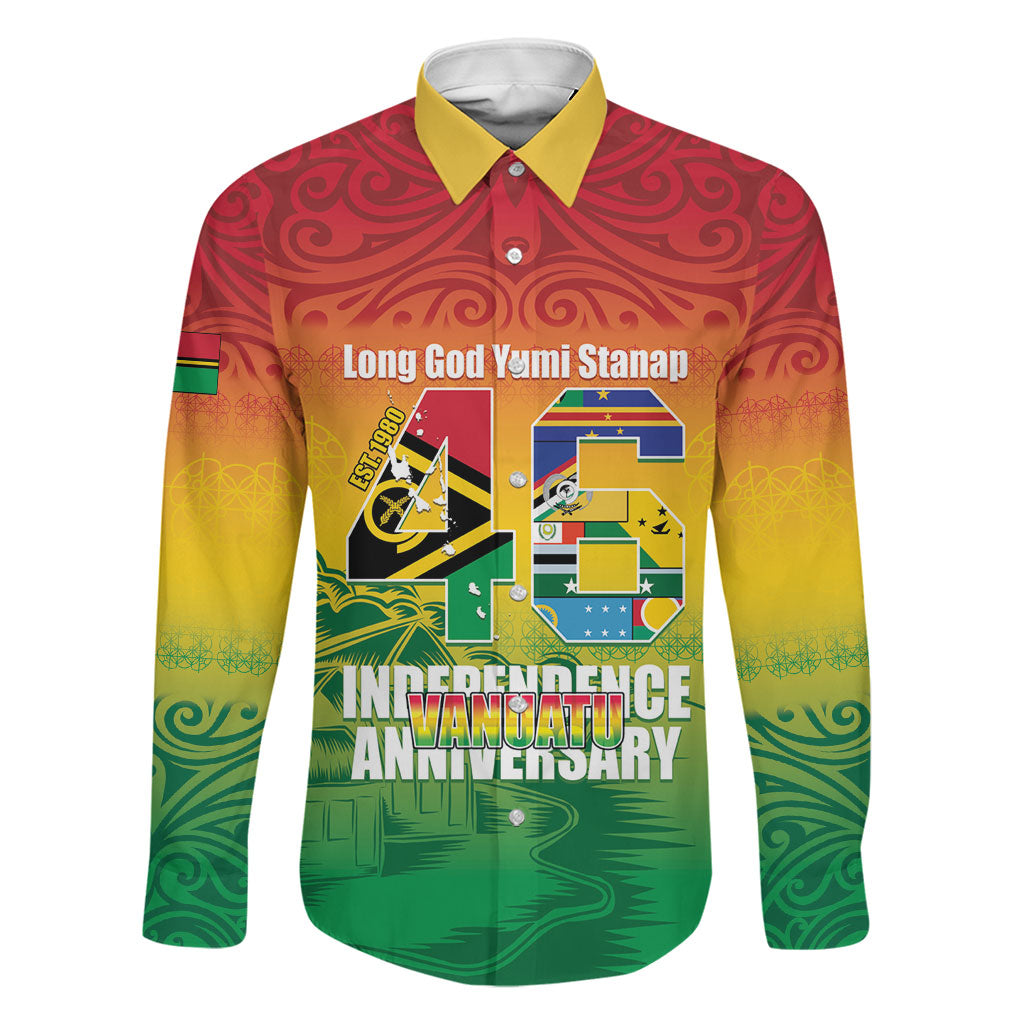Vanuatu Indipendens Dei Family Matching Off Shoulder Maxi Dress and Hawaiian Shirt Yumi 46th Independence Anniversary LT14 Dad's Shirt - Long Sleeve Reggae - Polynesian Pride