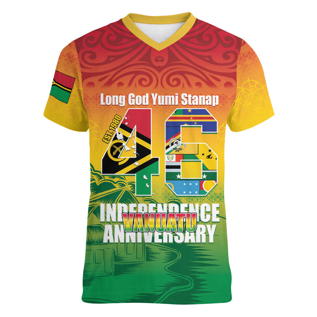 Vanuatu Indipendens Dei Women V-Neck T-Shirt Yumi 46th Independence Anniversary