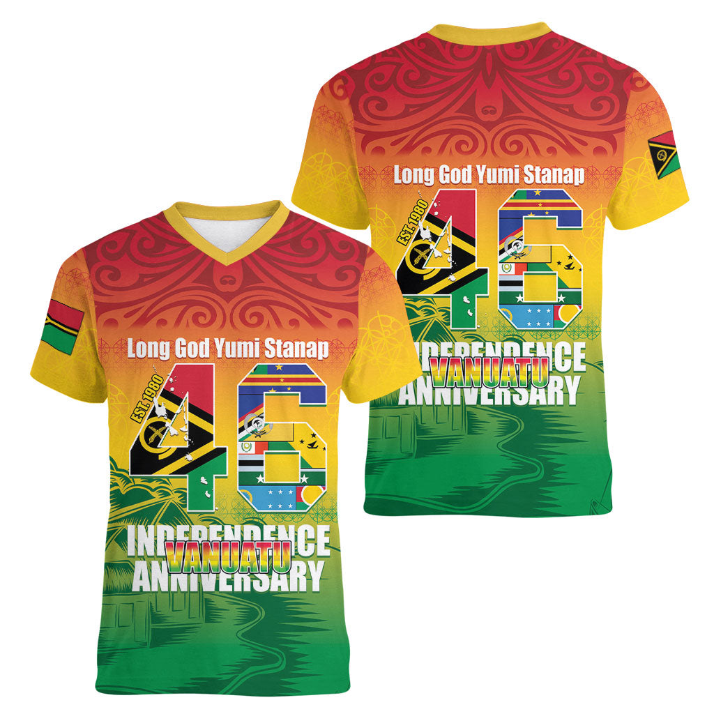 Vanuatu Indipendens Dei Women V-Neck T-Shirt Yumi 46th Independence Anniversary
