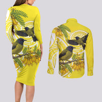 Bellbird New Zealand Couples Matching Long Sleeve Bodycon Dress and Long Sleeve Button Shirt Korimako Kowhai Maori Pattern LT14 - Polynesian Pride