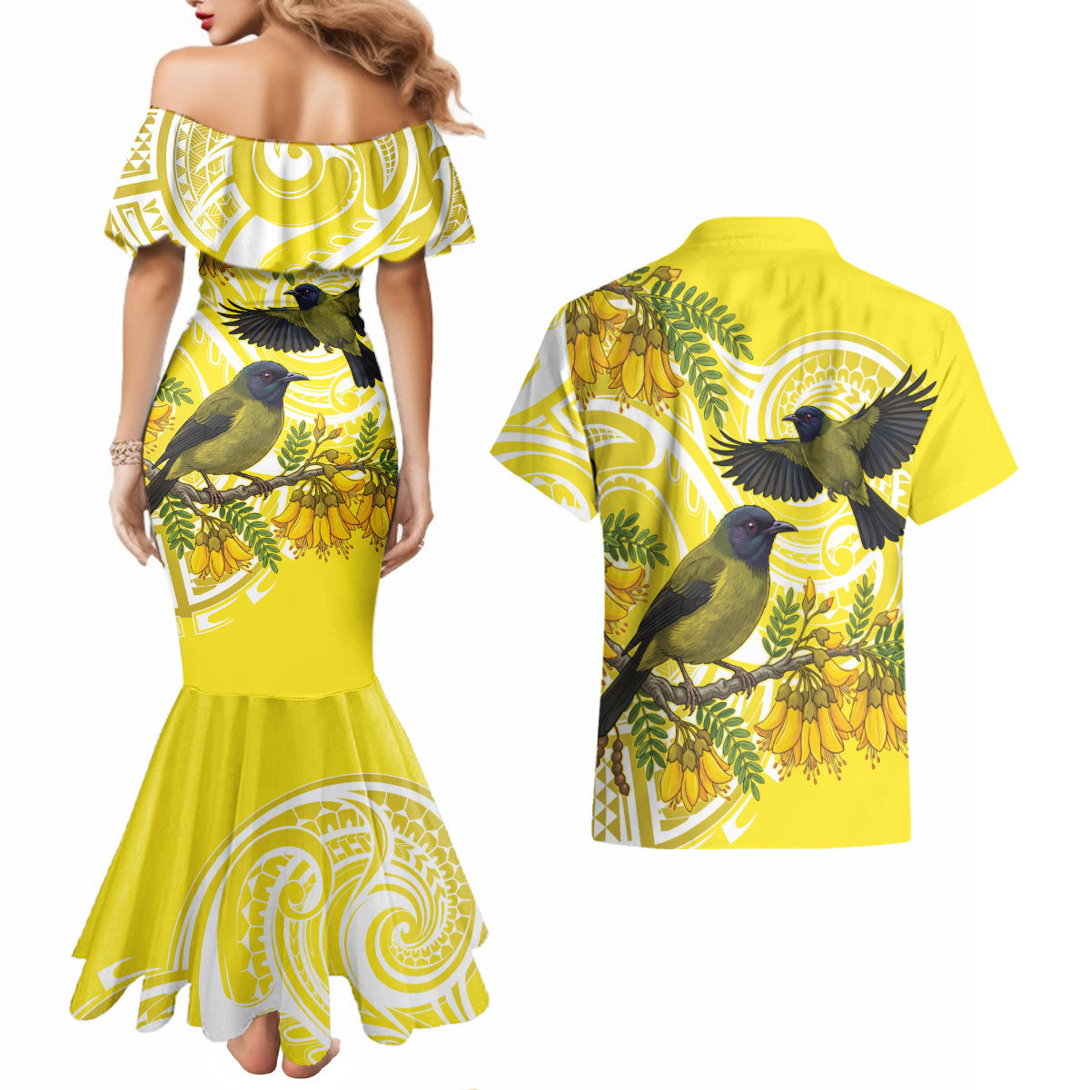 Bellbird New Zealand Couples Matching Mermaid Dress and Hawaiian Shirt Korimako Kowhai Maori Pattern LT14 - Polynesian Pride