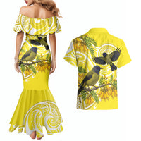 Bellbird New Zealand Couples Matching Mermaid Dress and Hawaiian Shirt Korimako Kowhai Maori Pattern LT14 - Polynesian Pride