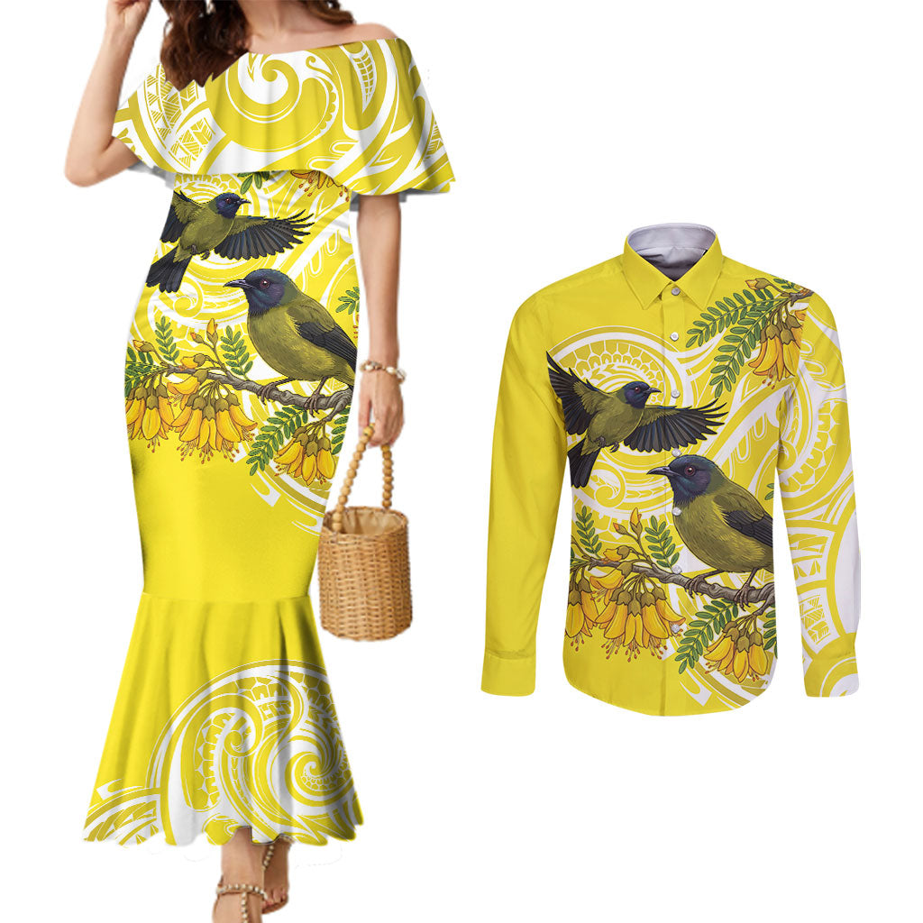 Bellbird New Zealand Couples Matching Mermaid Dress and Long Sleeve Button Shirt Korimako Kowhai Maori Pattern