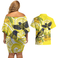 Bellbird New Zealand Couples Matching Off Shoulder Short Dress and Hawaiian Shirt Korimako Kowhai Maori Pattern LT14 - Polynesian Pride