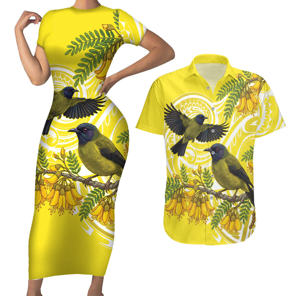 Bellbird New Zealand Couples Matching Short Sleeve Bodycon Dress and Hawaiian Shirt Korimako Kowhai Maori Pattern LT14 Yellow - Polynesian Pride