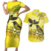 Bellbird New Zealand Couples Matching Short Sleeve Bodycon Dress and Hawaiian Shirt Korimako Kowhai Maori Pattern LT14 Yellow - Polynesian Pride