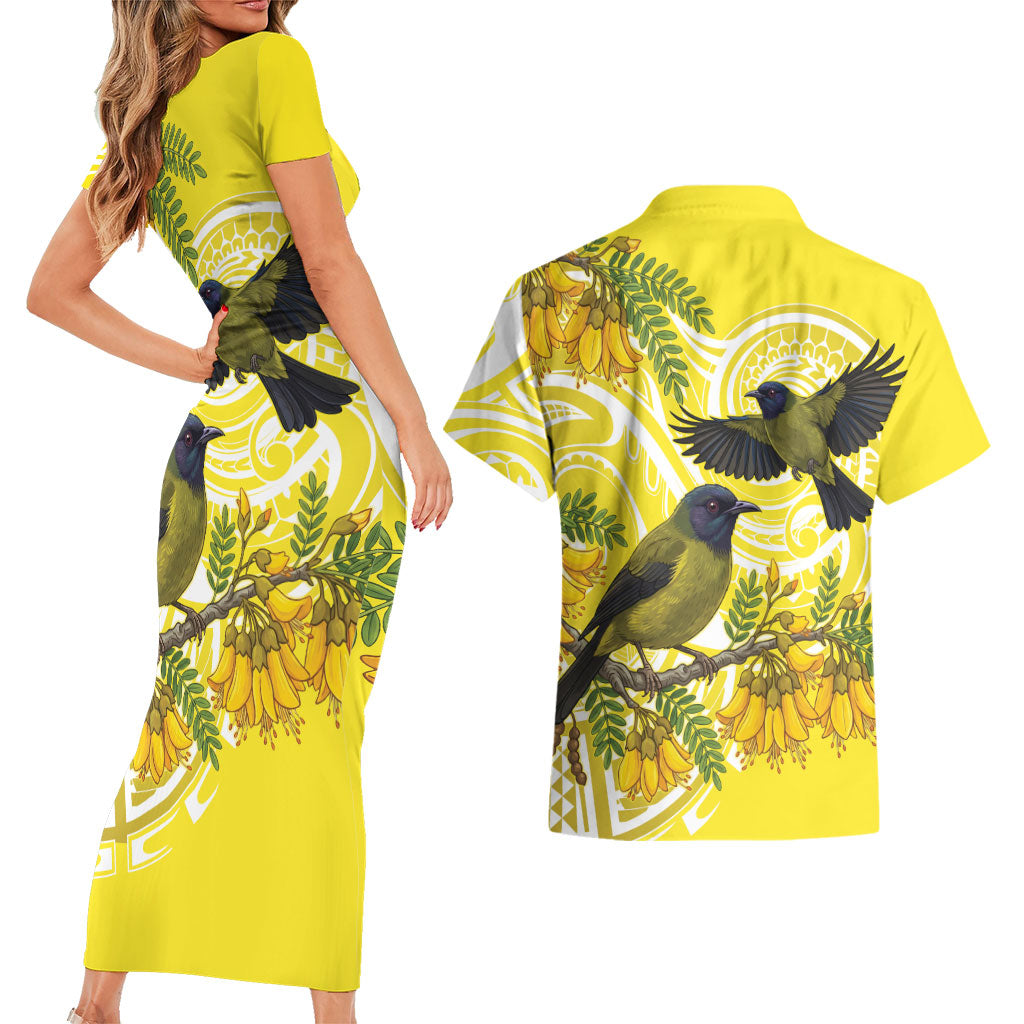 Bellbird New Zealand Couples Matching Short Sleeve Bodycon Dress and Hawaiian Shirt Korimako Kowhai Maori Pattern LT14 - Polynesian Pride