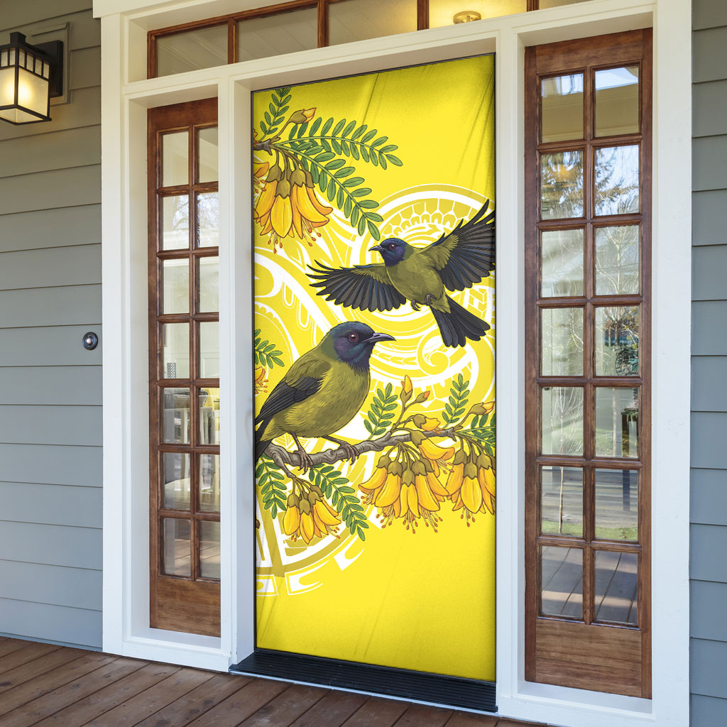 Bellbird New Zealand Door Cover Korimako Kowhai Maori Pattern
