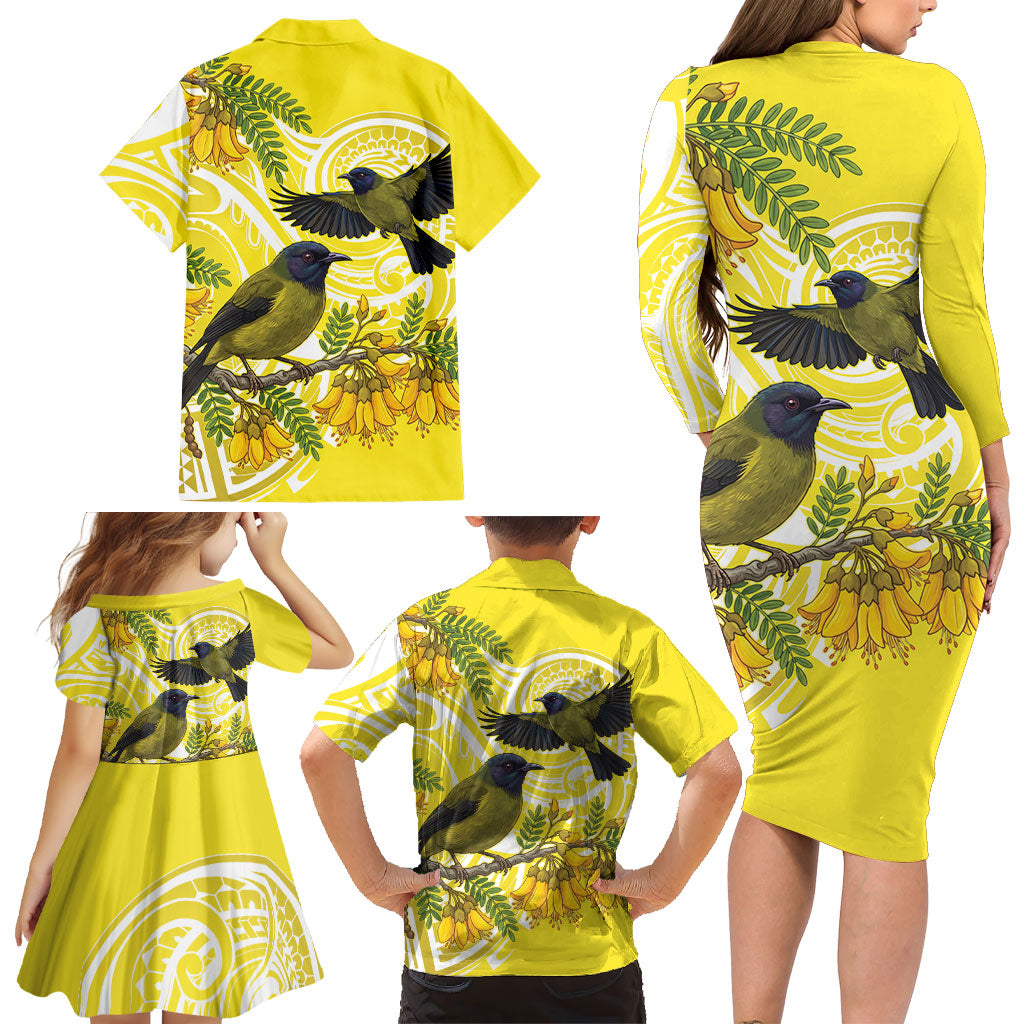Bellbird New Zealand Family Matching Long Sleeve Bodycon Dress and Hawaiian Shirt Korimako Kowhai Maori Pattern LT14 - Polynesian Pride
