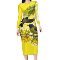 Bellbird New Zealand Family Matching Long Sleeve Bodycon Dress and Hawaiian Shirt Korimako Kowhai Maori Pattern LT14 Mom's Dress Yellow - Polynesian Pride