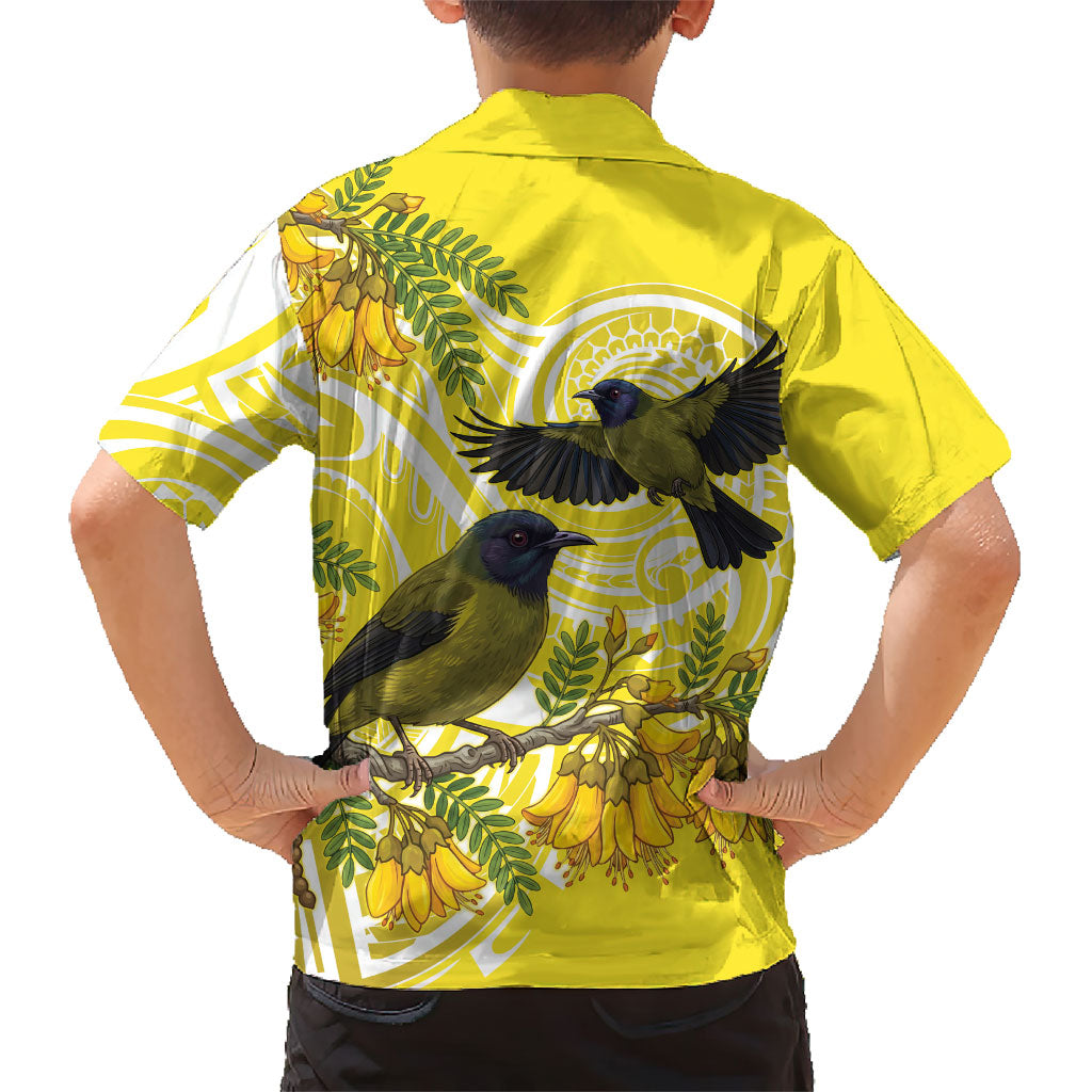 Bellbird New Zealand Family Matching Off The Shoulder Long Sleeve Dress and Hawaiian Shirt Korimako Kowhai Maori Pattern LT14 - Polynesian Pride