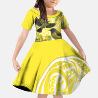 Bellbird New Zealand Family Matching Off The Shoulder Long Sleeve Dress and Hawaiian Shirt Korimako Kowhai Maori Pattern LT14 Daughter's Dress Yellow - Polynesian Pride