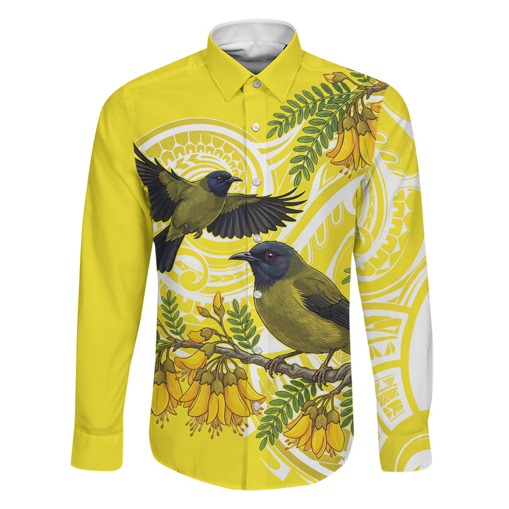 Bellbird New Zealand Family Matching Off The Shoulder Long Sleeve Dress and Hawaiian Shirt Korimako Kowhai Maori Pattern LT14 Dad's Shirt - Long Sleeve Yellow - Polynesian Pride