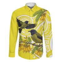 Bellbird New Zealand Family Matching Off The Shoulder Long Sleeve Dress and Hawaiian Shirt Korimako Kowhai Maori Pattern LT14 Dad's Shirt - Long Sleeve Yellow - Polynesian Pride