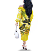 Bellbird New Zealand Family Matching Off The Shoulder Long Sleeve Dress and Hawaiian Shirt Korimako Kowhai Maori Pattern LT14 - Polynesian Pride