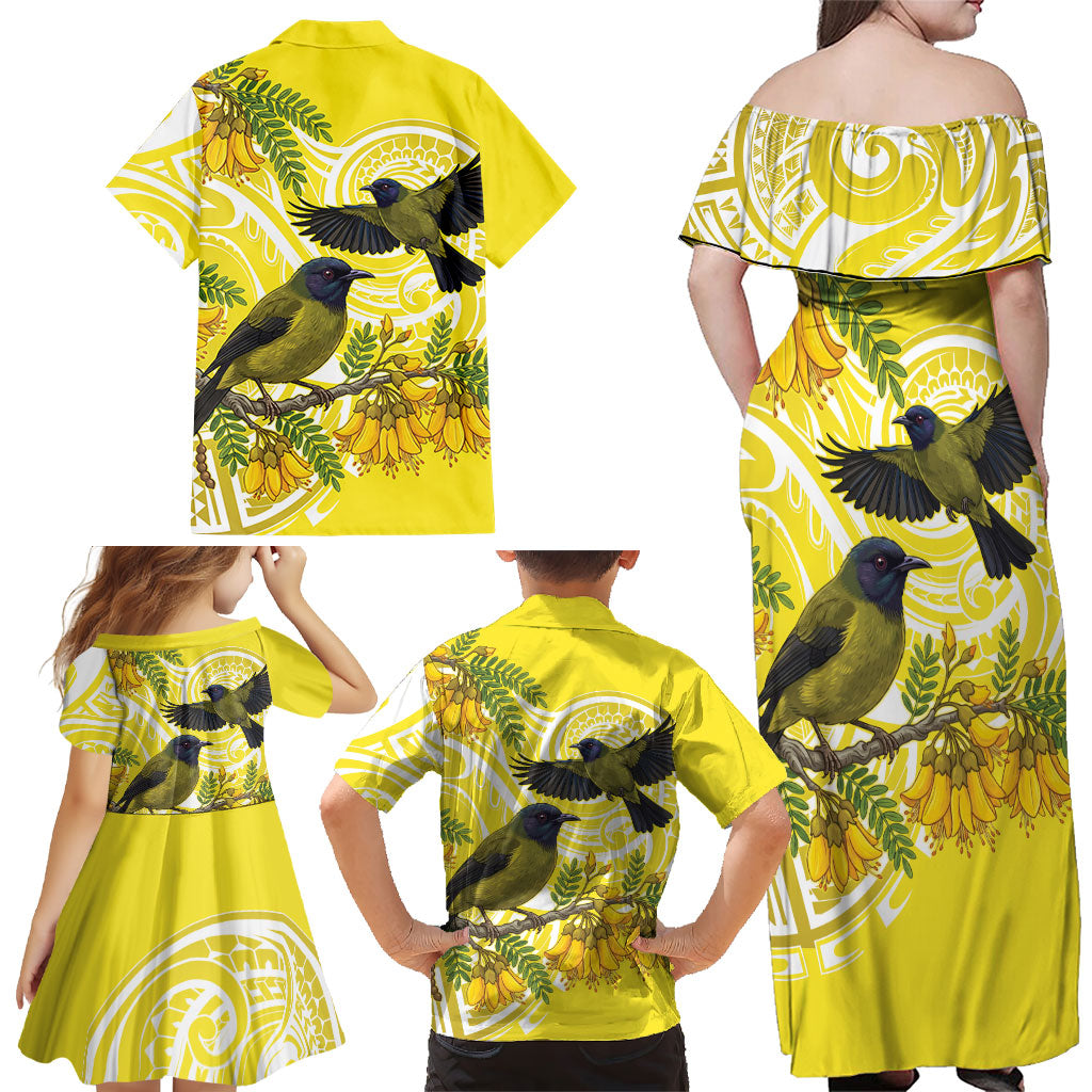 Bellbird New Zealand Family Matching Off Shoulder Maxi Dress and Hawaiian Shirt Korimako Kowhai Maori Pattern LT14 - Polynesian Pride