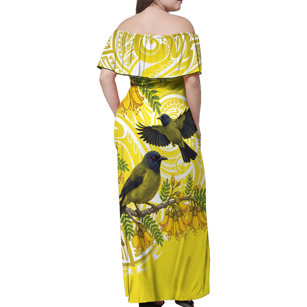 Bellbird New Zealand Family Matching Off Shoulder Maxi Dress and Hawaiian Shirt Korimako Kowhai Maori Pattern LT14 - Polynesian Pride