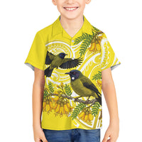Bellbird New Zealand Family Matching Off Shoulder Maxi Dress and Hawaiian Shirt Korimako Kowhai Maori Pattern LT14 Son's Shirt Yellow - Polynesian Pride