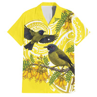 Bellbird New Zealand Family Matching Off Shoulder Short Dress and Hawaiian Shirt Korimako Kowhai Maori Pattern LT14 Dad's Shirt - Short Sleeve Yellow - Polynesian Pride