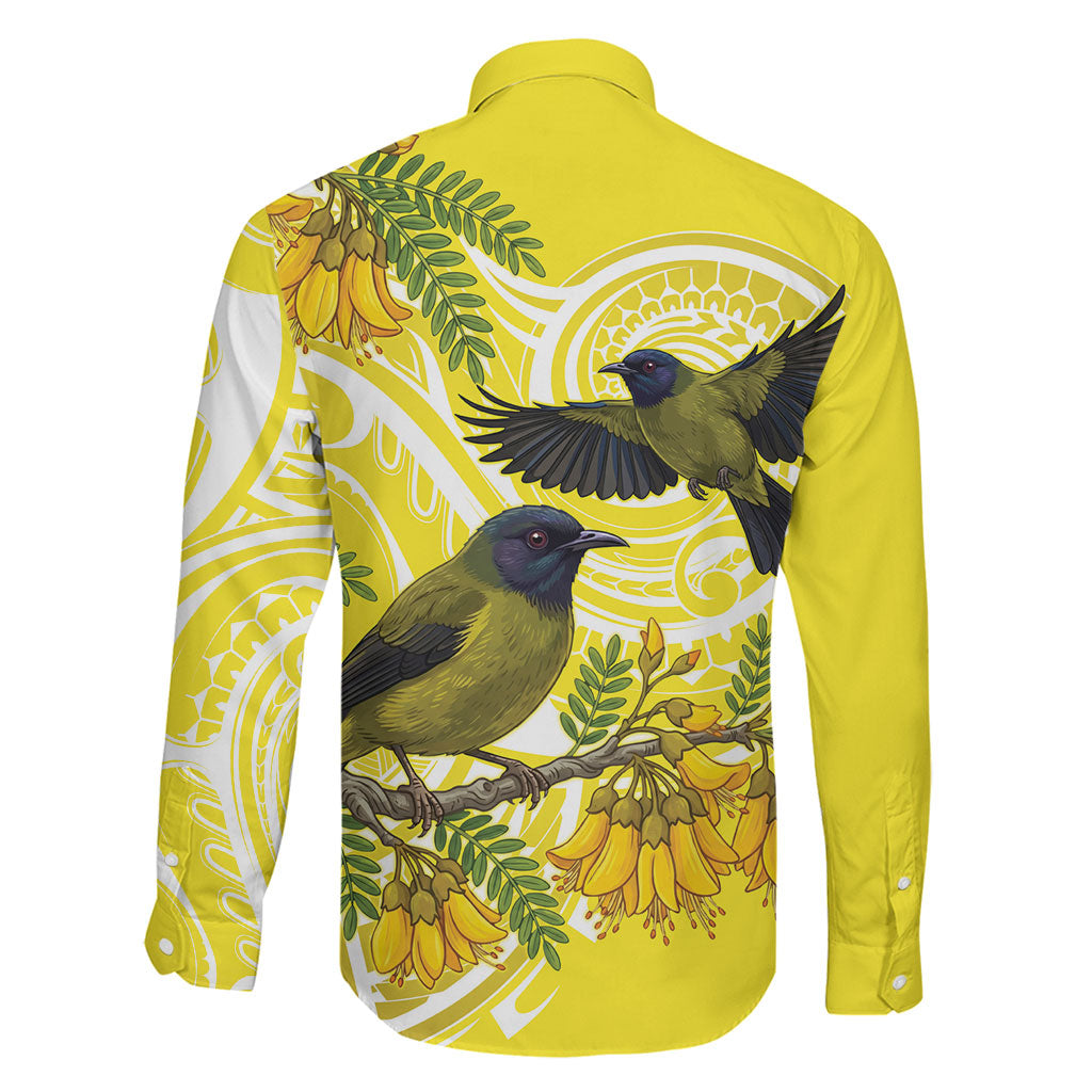 Bellbird New Zealand Family Matching Off Shoulder Short Dress and Hawaiian Shirt Korimako Kowhai Maori Pattern LT14 - Polynesian Pride