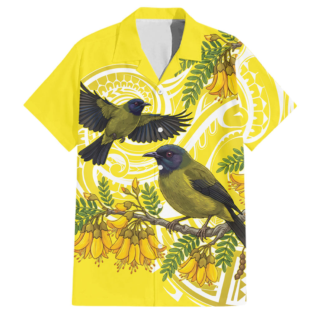 Bellbird New Zealand Family Matching Puletasi and Hawaiian Shirt Korimako Kowhai Maori Pattern LT14 Dad's Shirt - Short Sleeve Yellow - Polynesian Pride