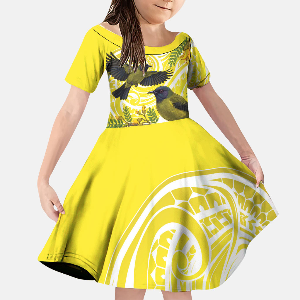 Bellbird New Zealand Family Matching Summer Maxi Dress and Hawaiian Shirt Korimako Kowhai Maori Pattern LT14 Daughter's Dress Yellow - Polynesian Pride