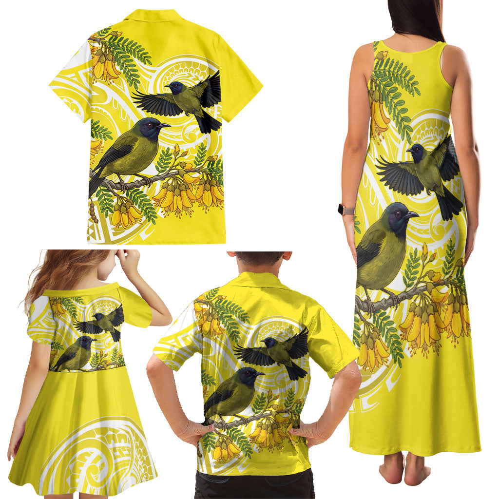 Bellbird New Zealand Family Matching Tank Maxi Dress and Hawaiian Shirt Korimako Kowhai Maori Pattern LT14 - Polynesian Pride