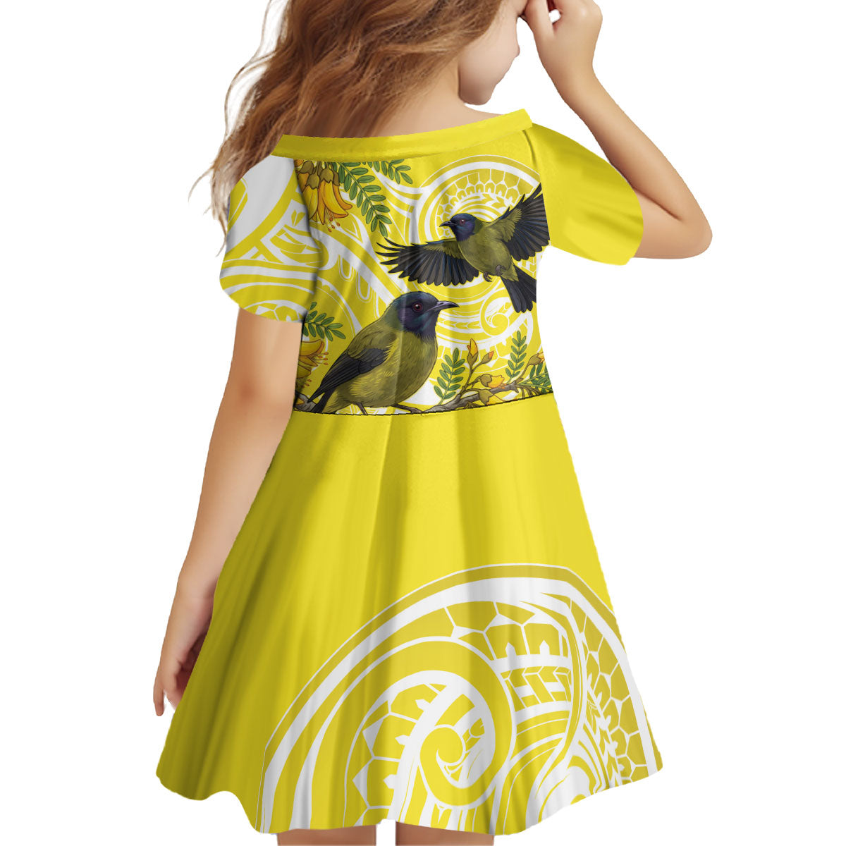 Bellbird New Zealand Kid Short Sleeve Dress Korimako Kowhai Maori Pattern