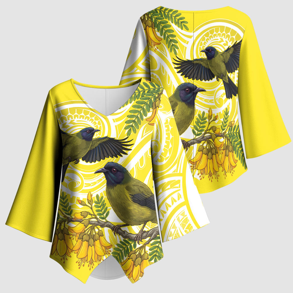 Bellbird New Zealand Kimono Sleeve Blouse Korimako Kowhai Maori Pattern