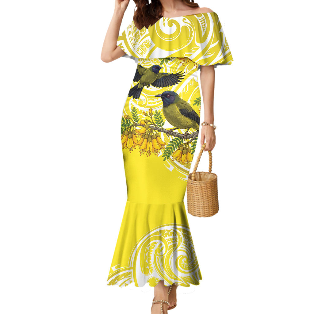 Bellbird New Zealand Mermaid Dress Korimako Kowhai Maori Pattern