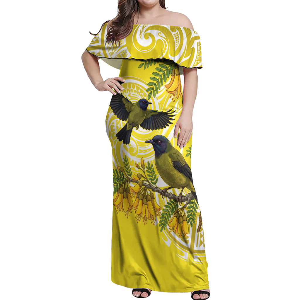 Bellbird New Zealand Off Shoulder Maxi Dress Korimako Kowhai Maori Pattern