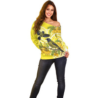 Bellbird New Zealand Off Shoulder Sweater Korimako Kowhai Maori Pattern