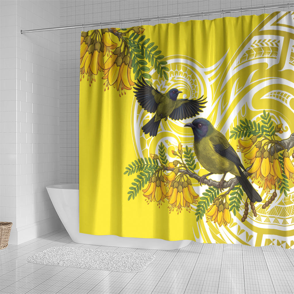Bellbird New Zealand Shower Curtain Korimako Kowhai Maori Pattern