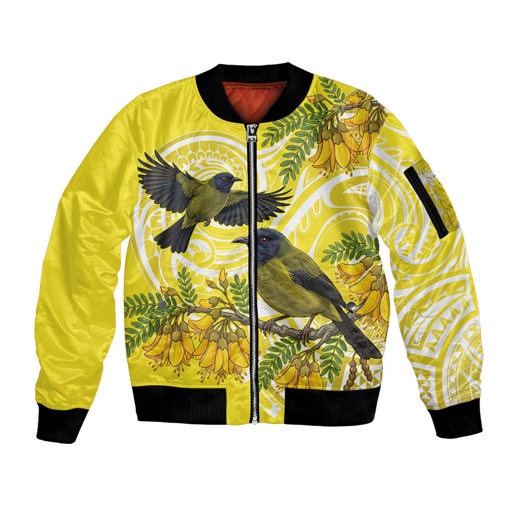 Bellbird New Zealand Sleeve Zip Bomber Jacket Korimako Kowhai Maori Pattern