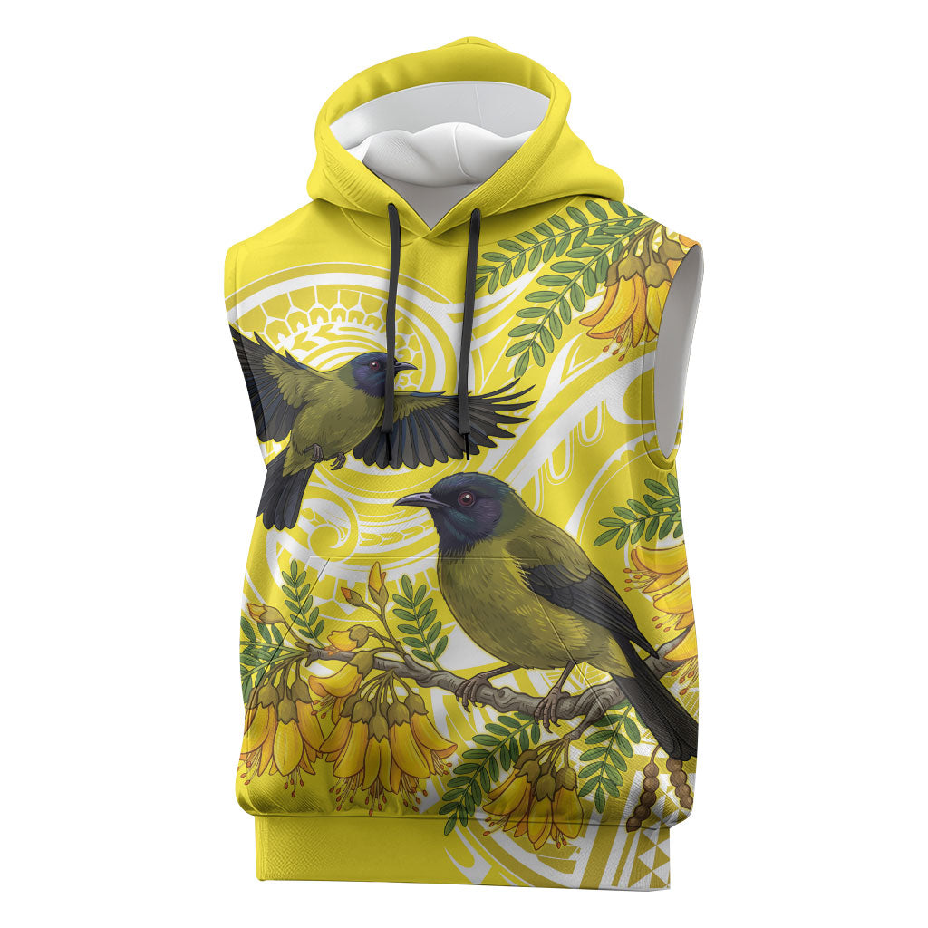 Bellbird New Zealand Sleeveless Hoodie Korimako Kowhai Maori Pattern