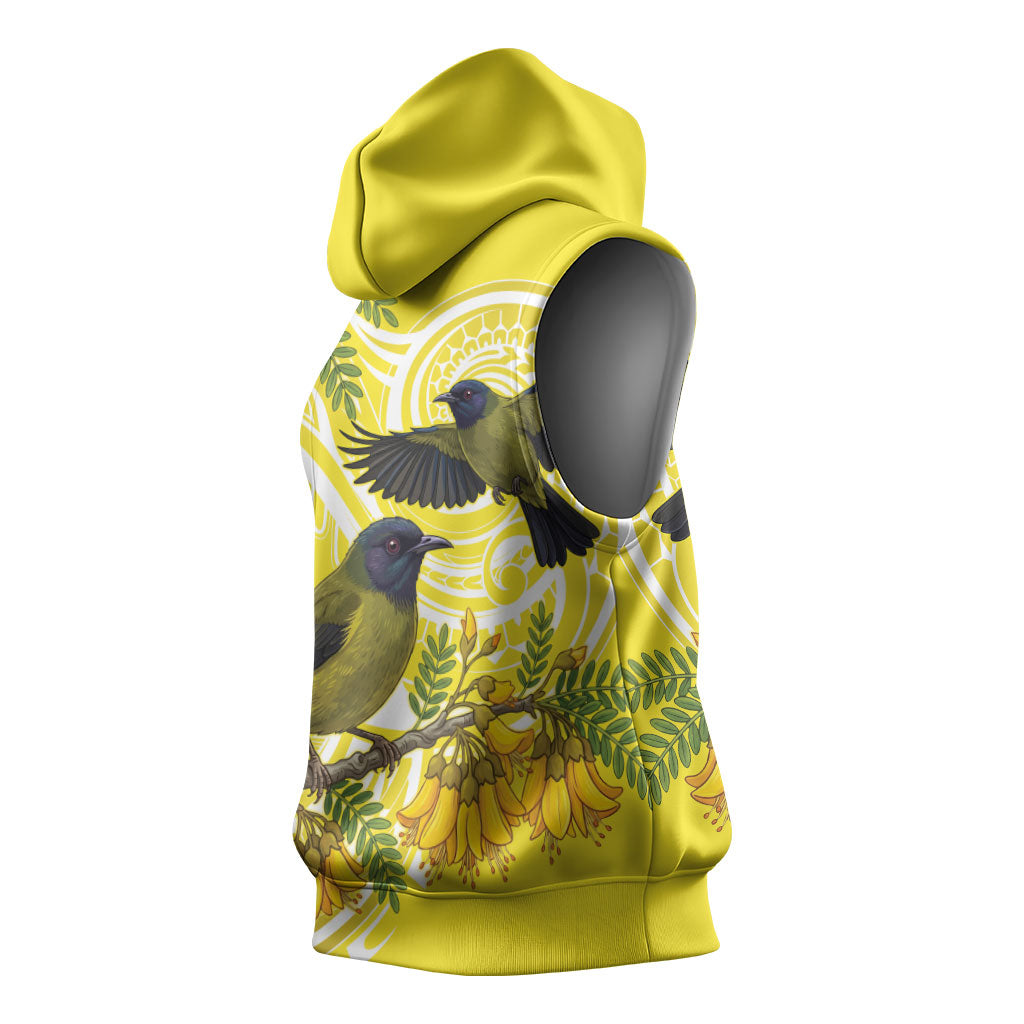 Bellbird New Zealand Sleeveless Hoodie Korimako Kowhai Maori Pattern