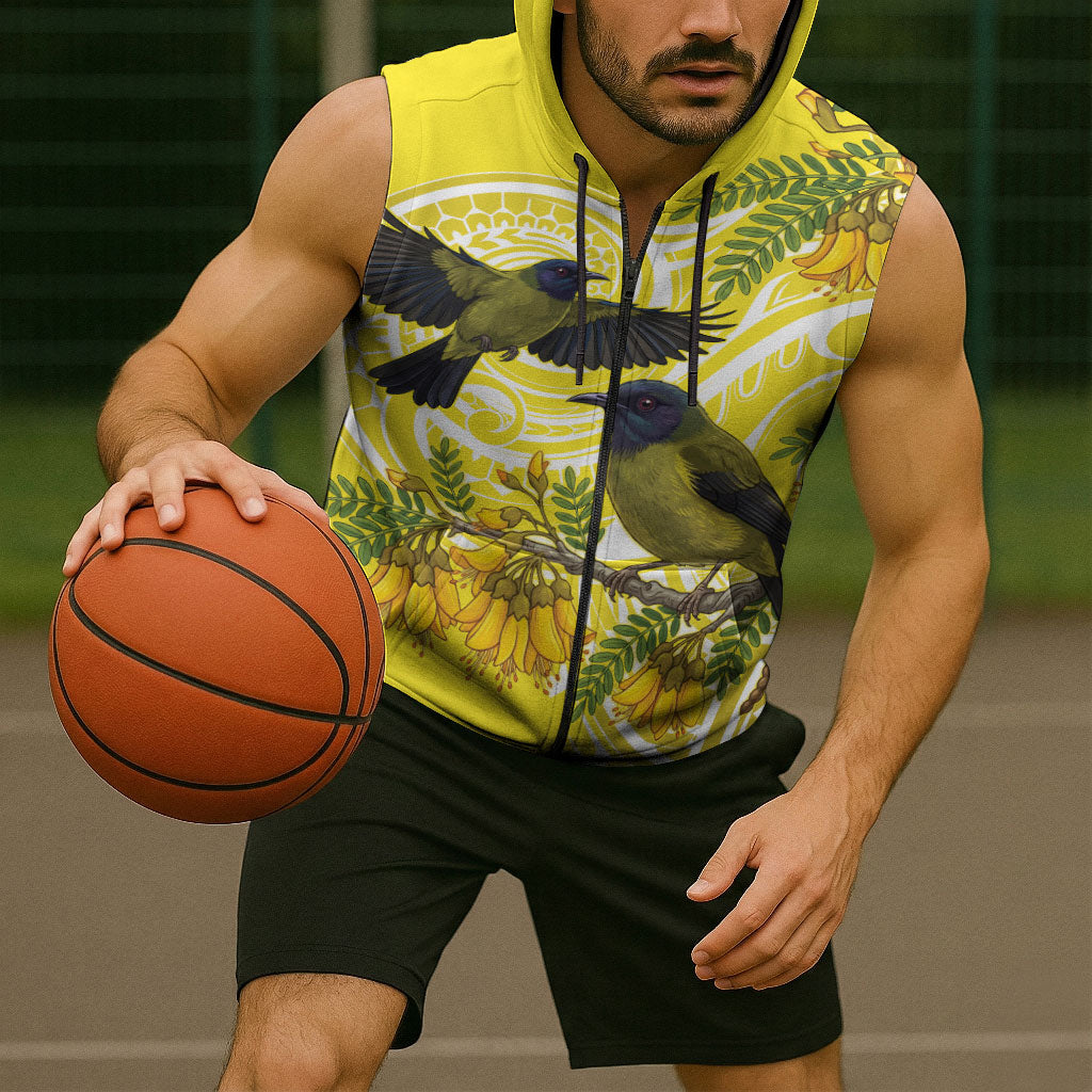 Bellbird New Zealand Sleeveless Zip Hoodie Korimako Kowhai Maori Pattern