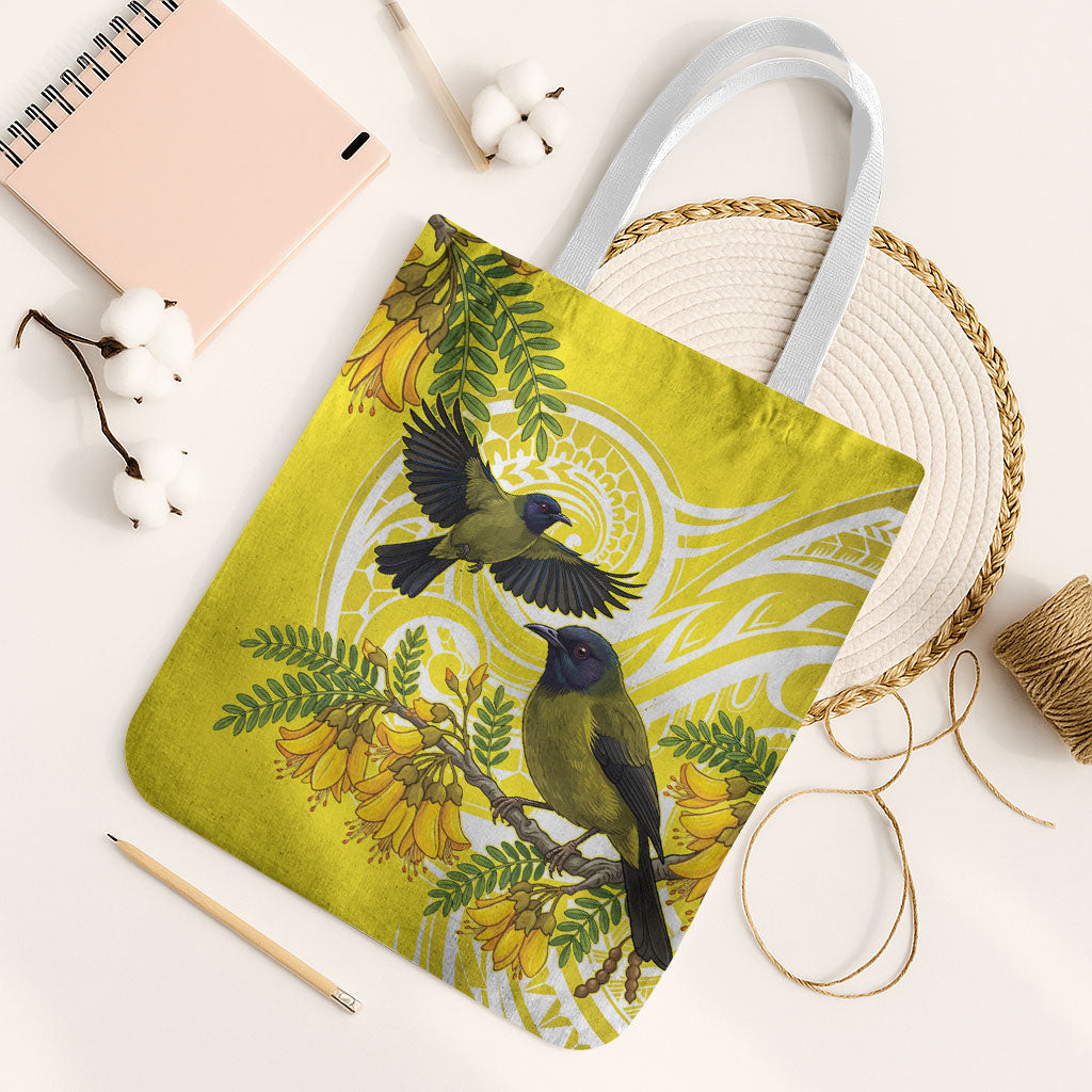 Bellbird New Zealand Tote Bag Korimako Kowhai Maori Pattern